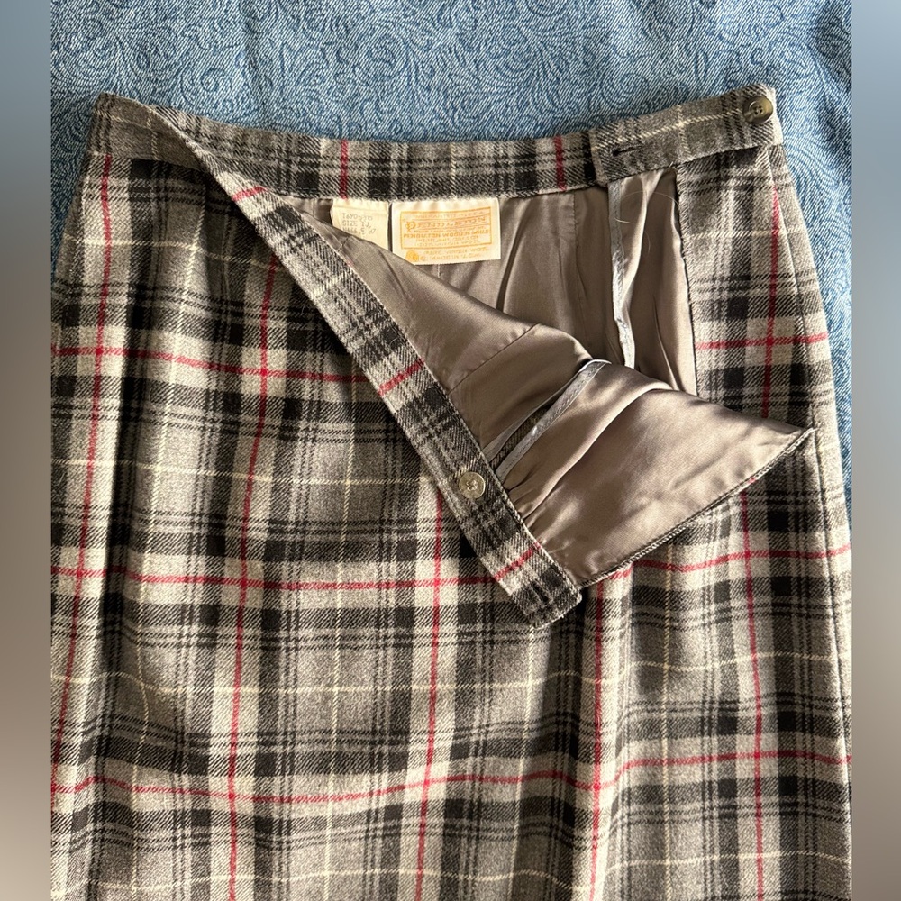 Vintage Pendleton 100% Virgin Wool Plaid Midi Skirt Gray Red Tartan | Size 14
